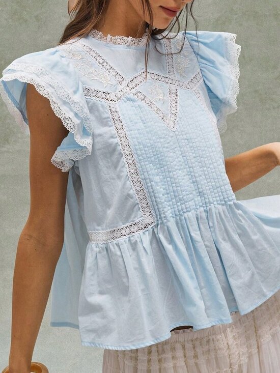 Tops - Blue Cottagecore Boho Women's Embroidered Ruffled Patchwork Blouse